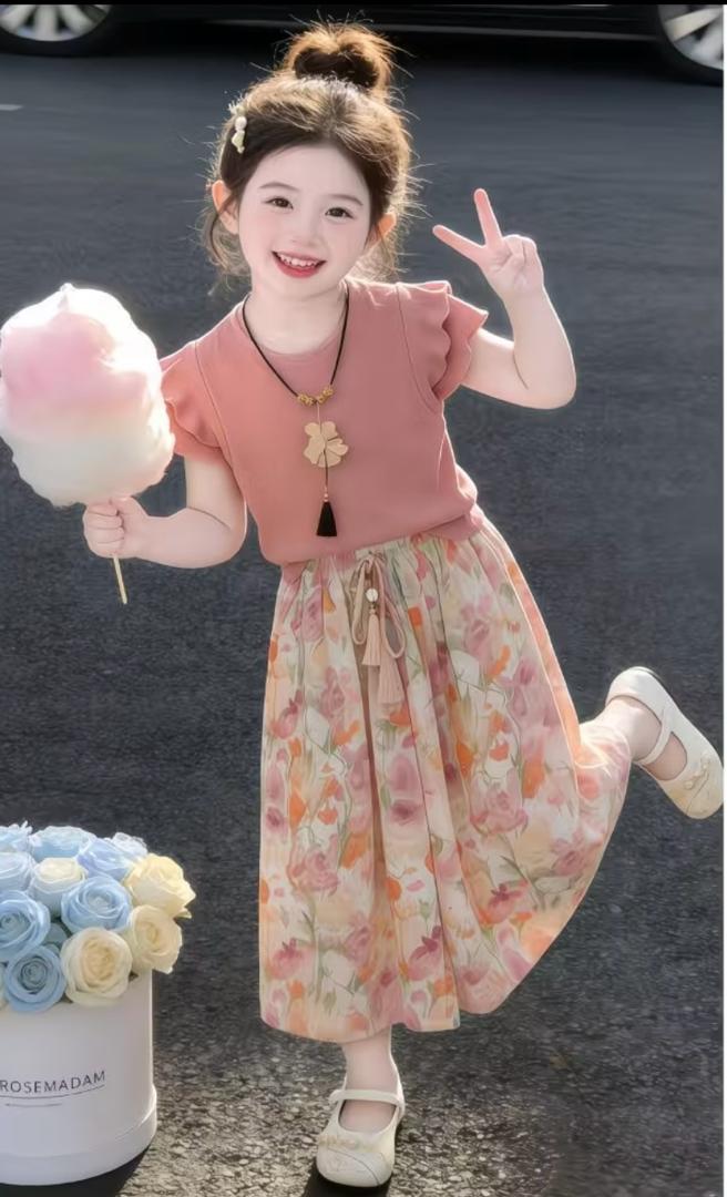 Girls Pink Ruffle Top & Floral Skirt Set