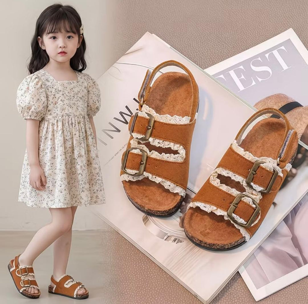 Kids Tan Suede Lace Trim Double Buckle Sandals