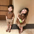 Boys Brown Shirt & Plaid Shorts Set with Bow Tie