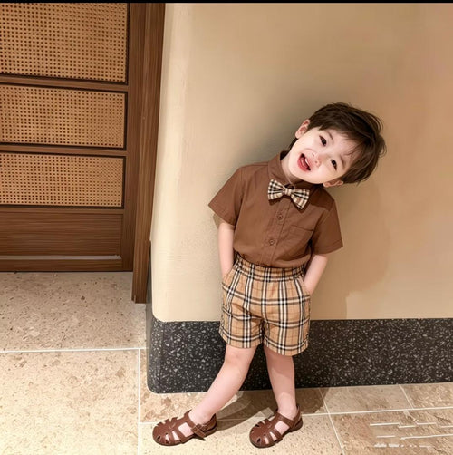 Boys Brown Shirt & Plaid Shorts Set with Bow Tie