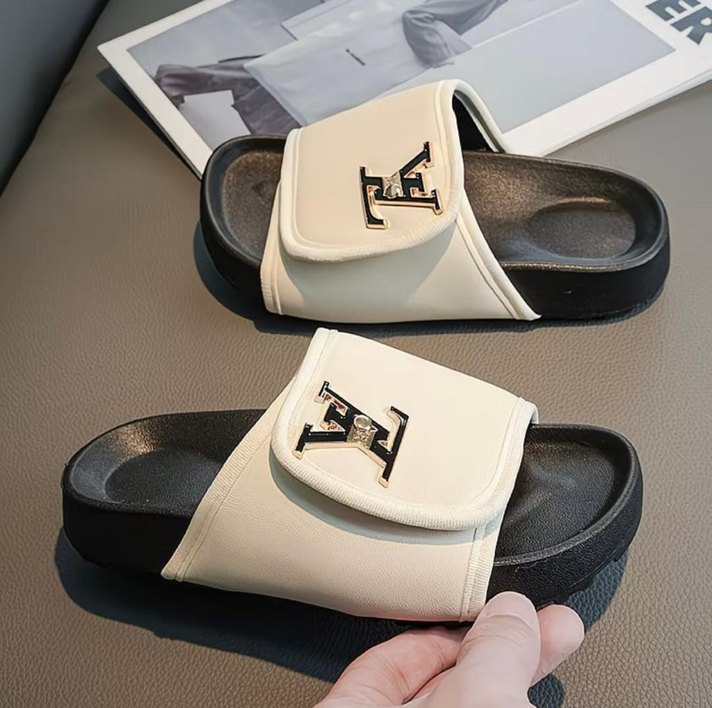 Kids Slide Slippers with Metal Logo Detail