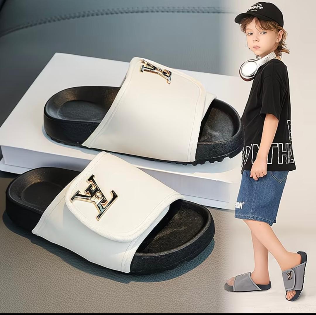 Kids Slide Slippers with Metal Logo Detail