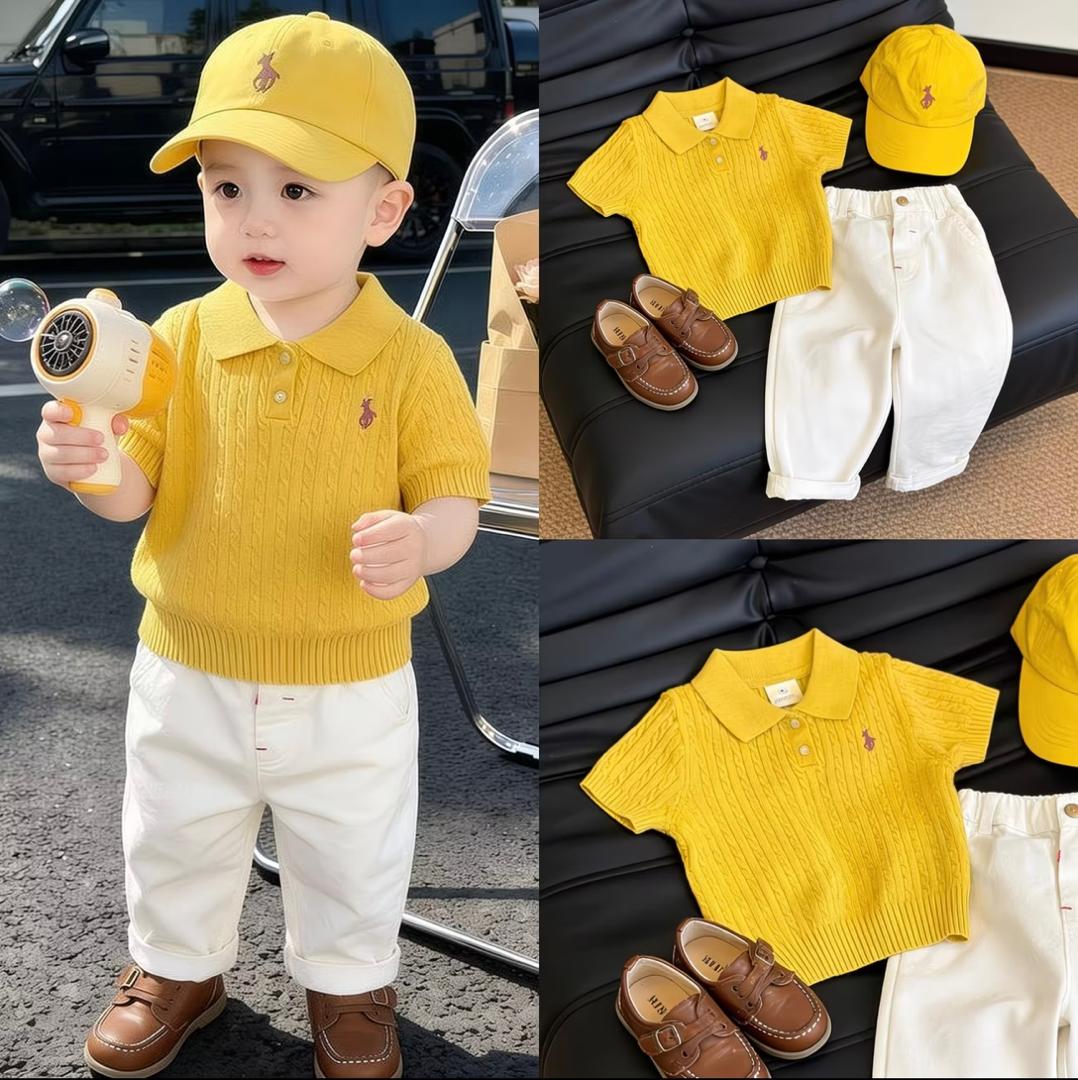 Boys Yellow Cable Knit Polo & White Trousers Set