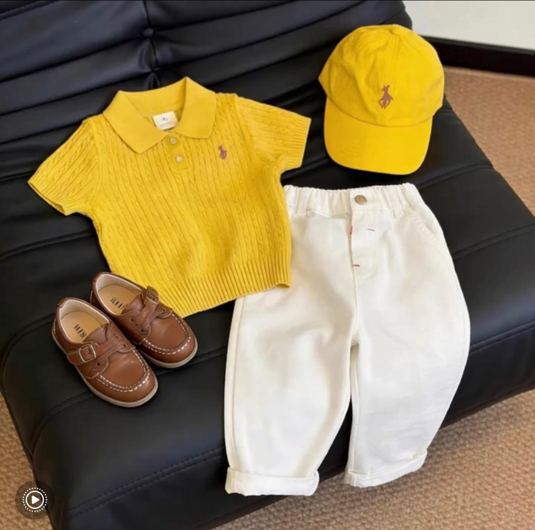 Boys Yellow Cable Knit Polo & White Trousers Set