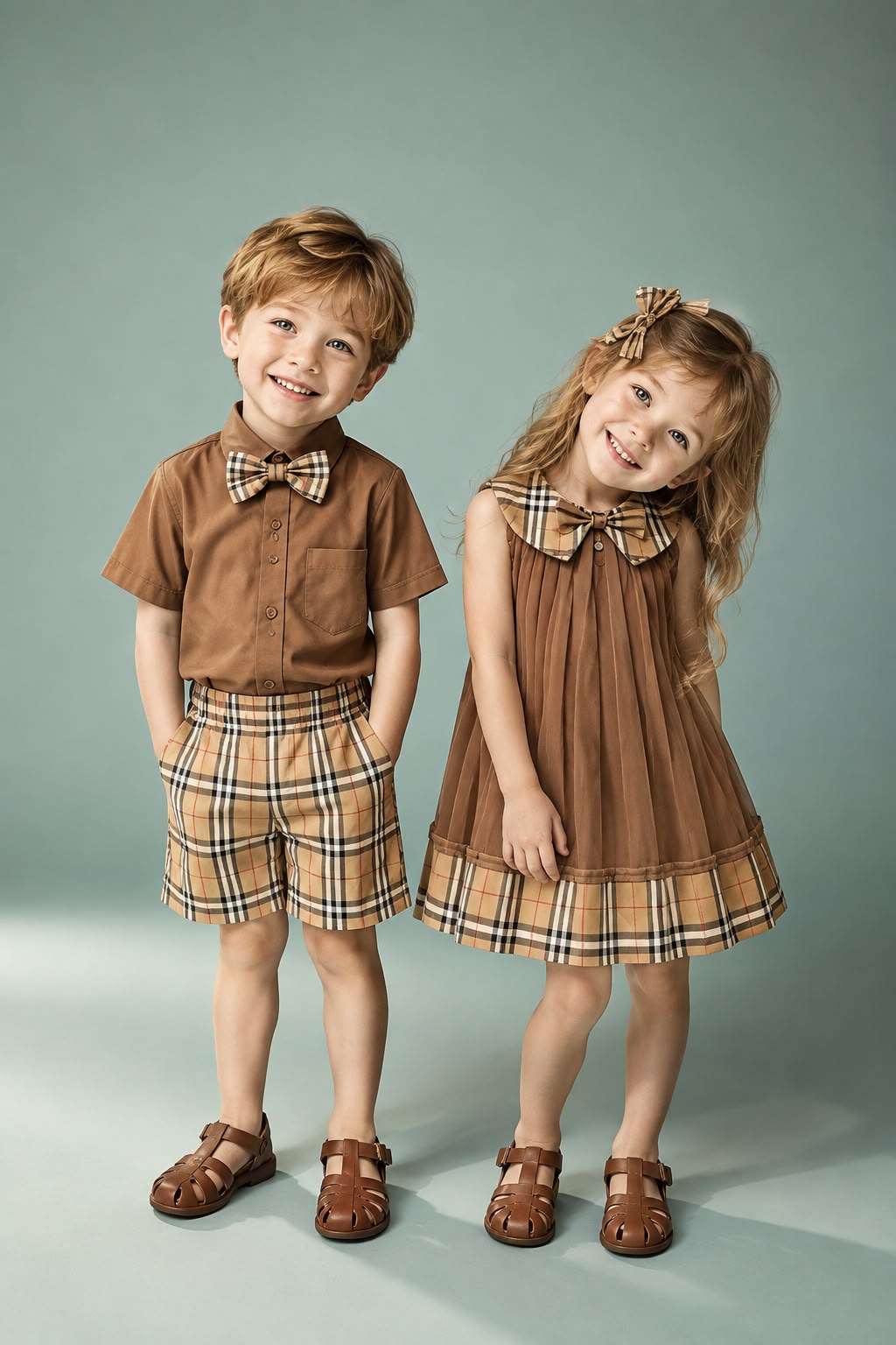 Boys Brown Shirt & Plaid Shorts Set with Bow Tie