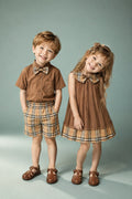 Boys Brown Shirt & Plaid Shorts Set with Bow Tie