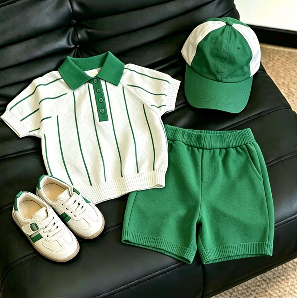 Boys Green Striped Polo Shirt & Shorts Set