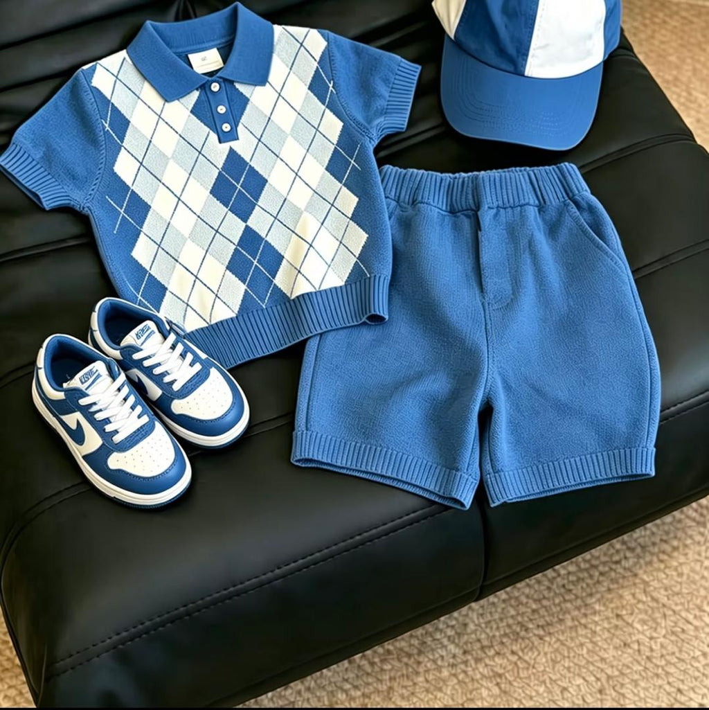Boys Blue Argyle Polo Shirt & Shorts Set