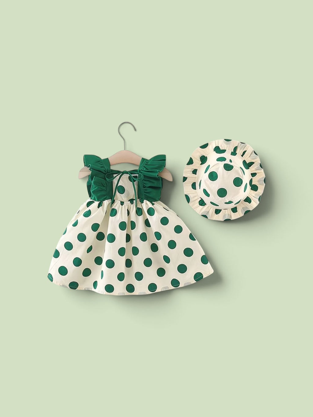 Girls Green Polka Dot Dress with Matching Hat