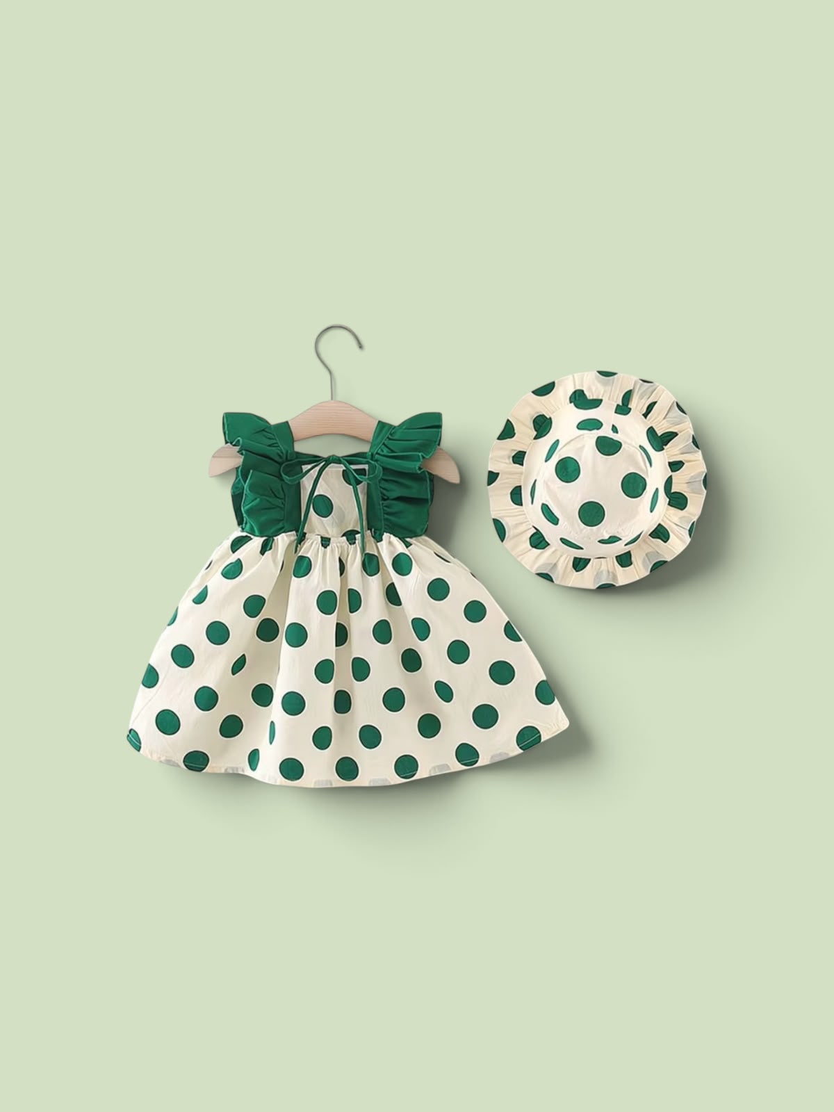 Girls Green Polka Dot Dress with Matching Hat