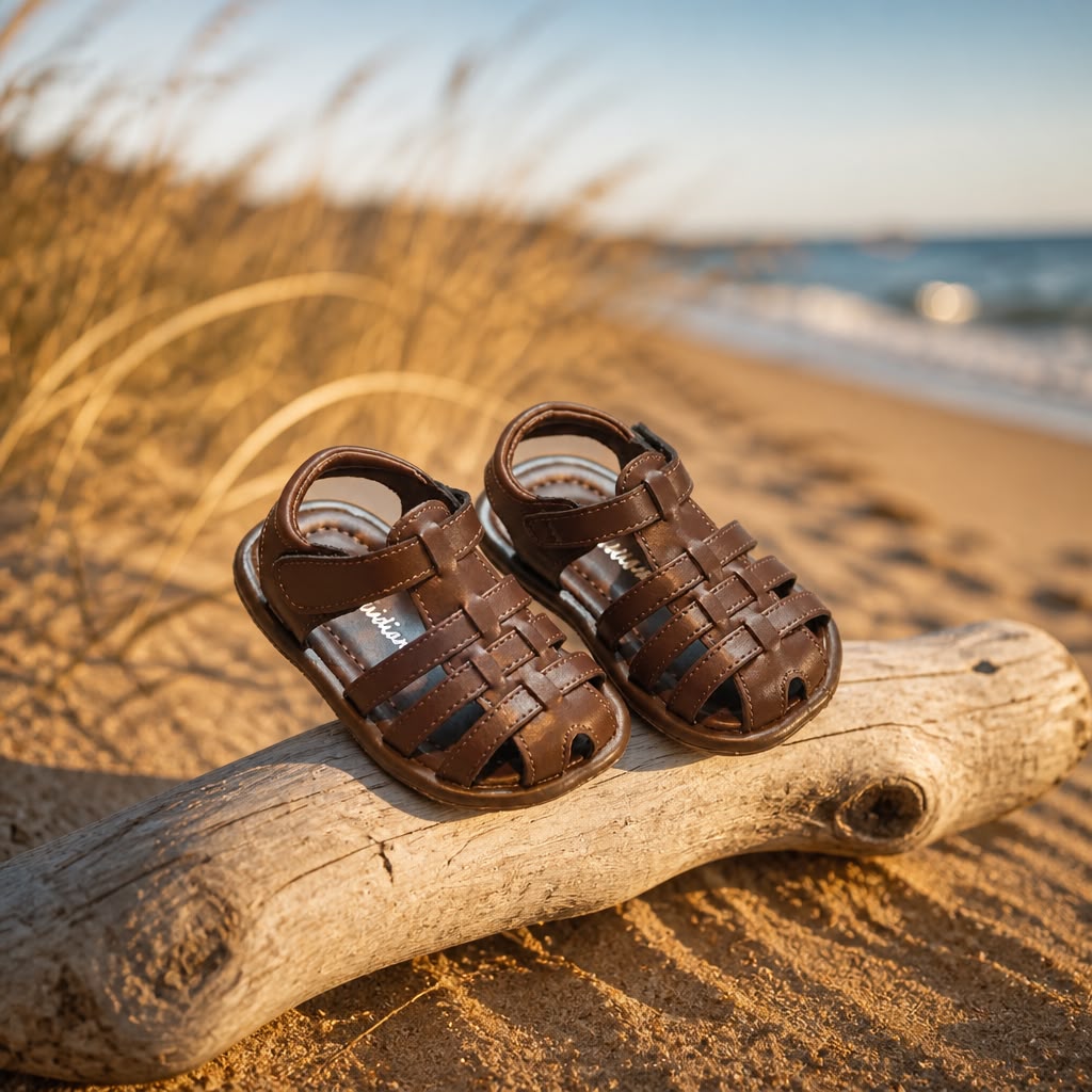 Kids Brown Woven Leather Sandals