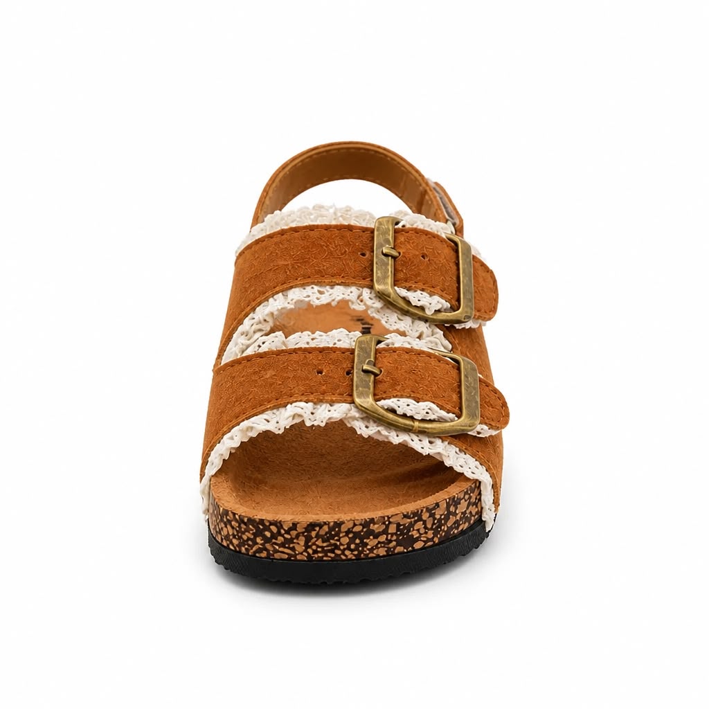 Kids Tan Suede Lace Trim Double Buckle Sandals