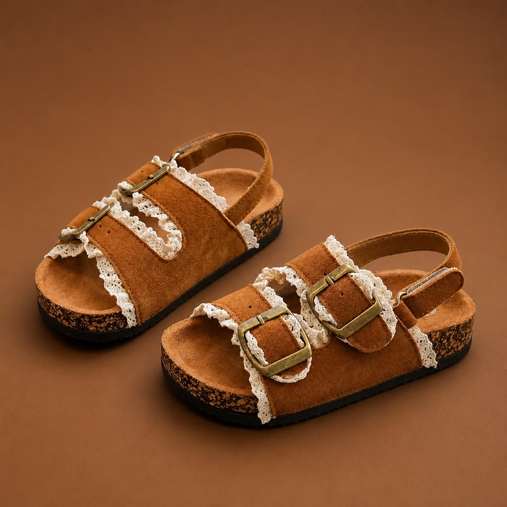 Kids Tan Suede Lace Trim Double Buckle Sandals