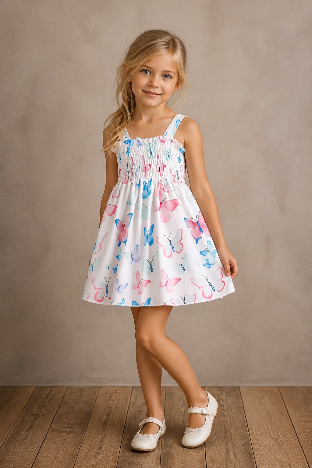 Girls Butterfly Print Smocked Dress with Matching Hat