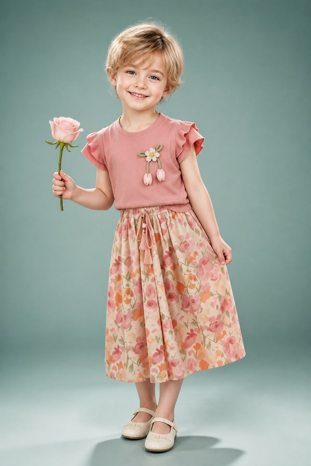Girls Pink Ruffle Top & Floral Skirt Set