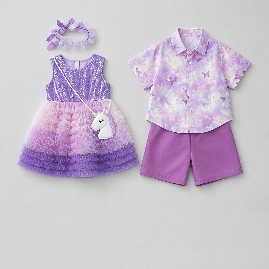 Kids Purple Butterfly Matching Outfit Set (Boy & Girl)