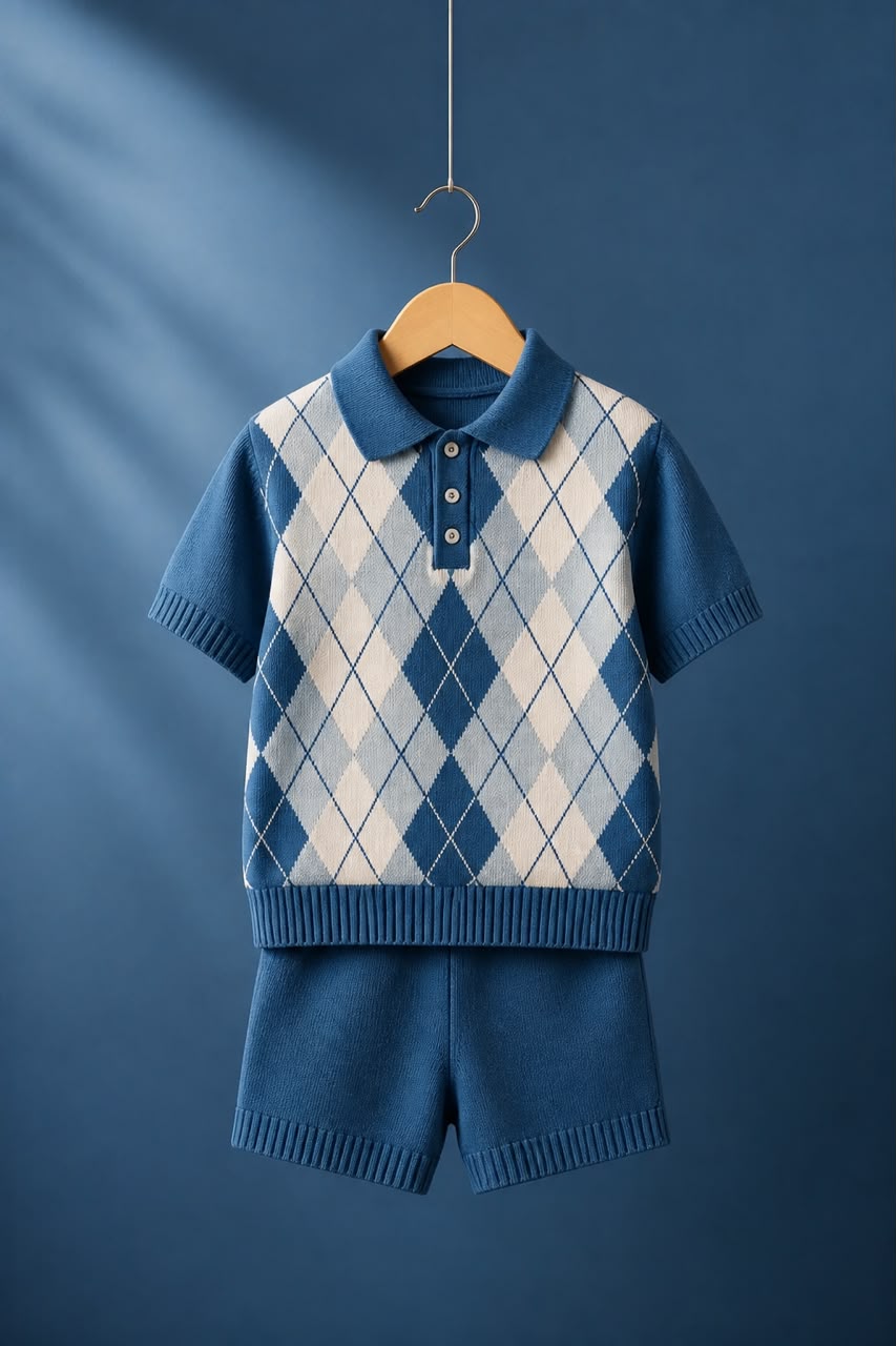 Boys Blue Argyle Polo Shirt & Shorts Set