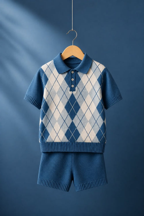 Boys Blue Argyle Polo Shirt & Shorts Set