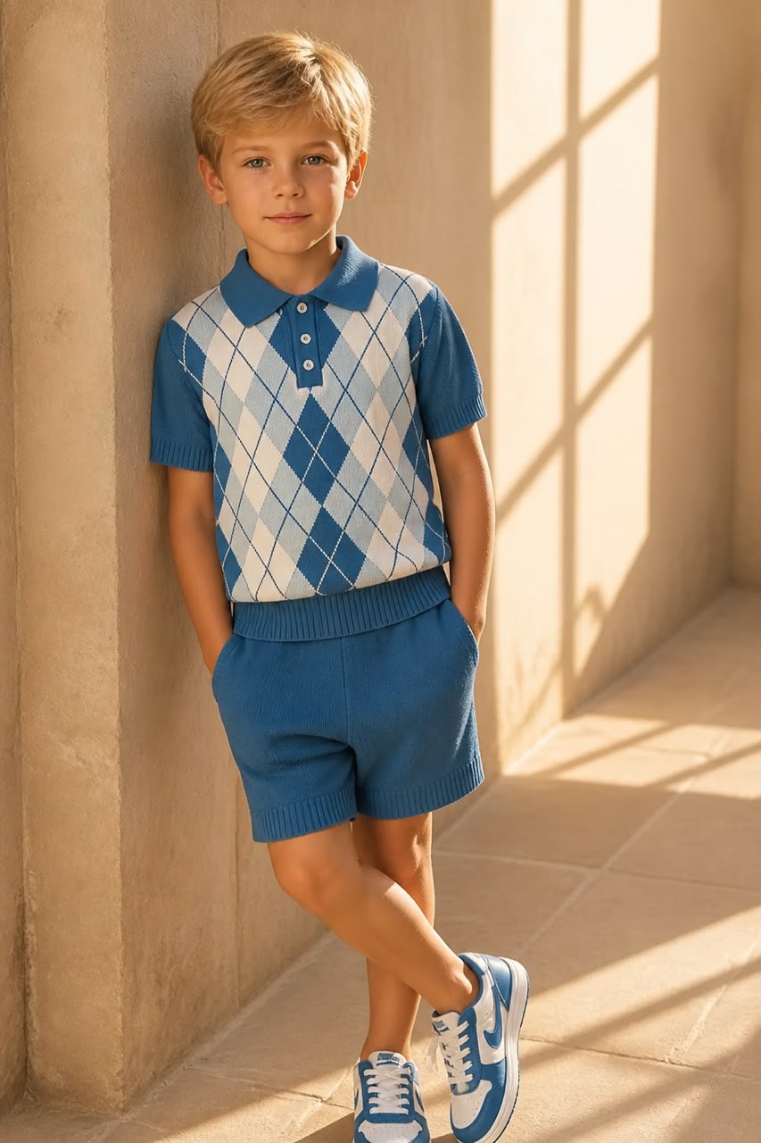 Boys Blue Argyle Polo Shirt & Shorts Set