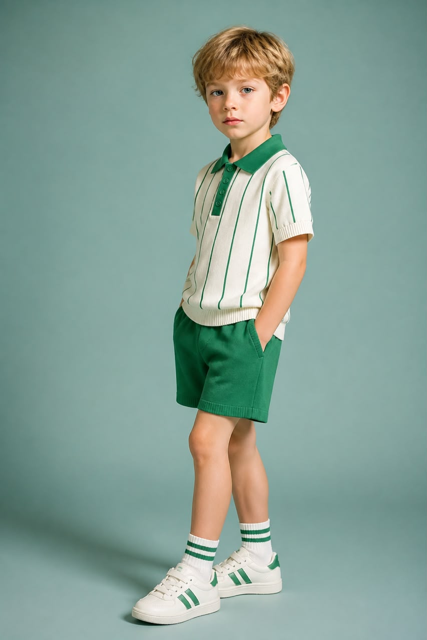 Boys Green Striped Polo Shirt & Shorts Set
