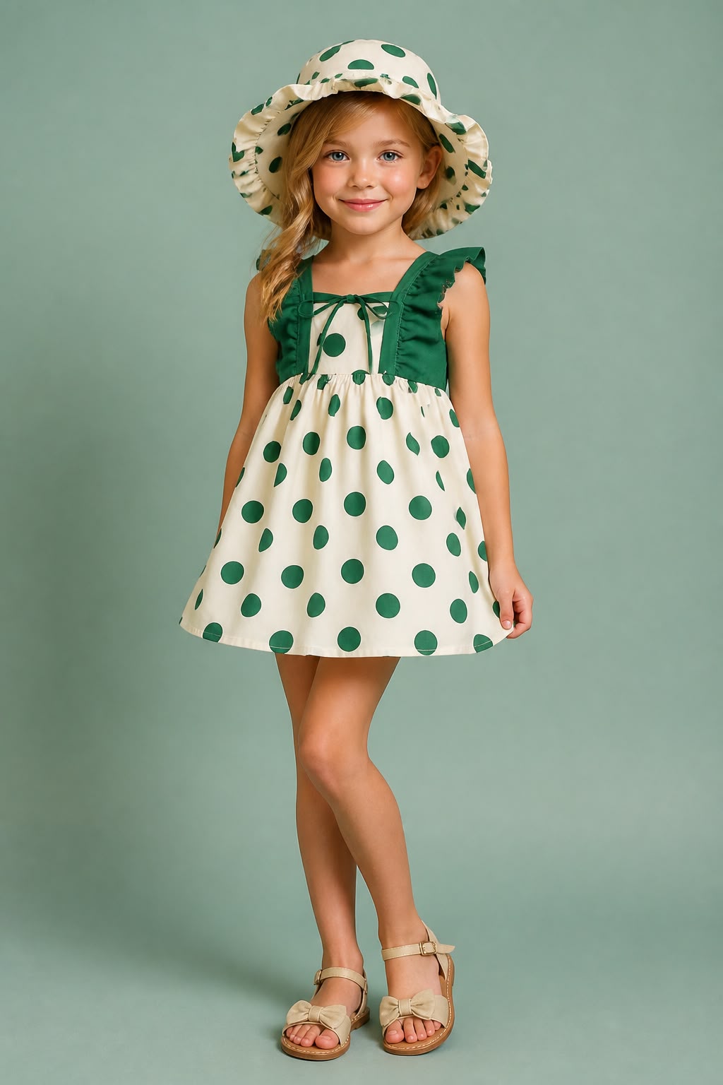 Girls Green Polka Dot Dress with Matching Hat