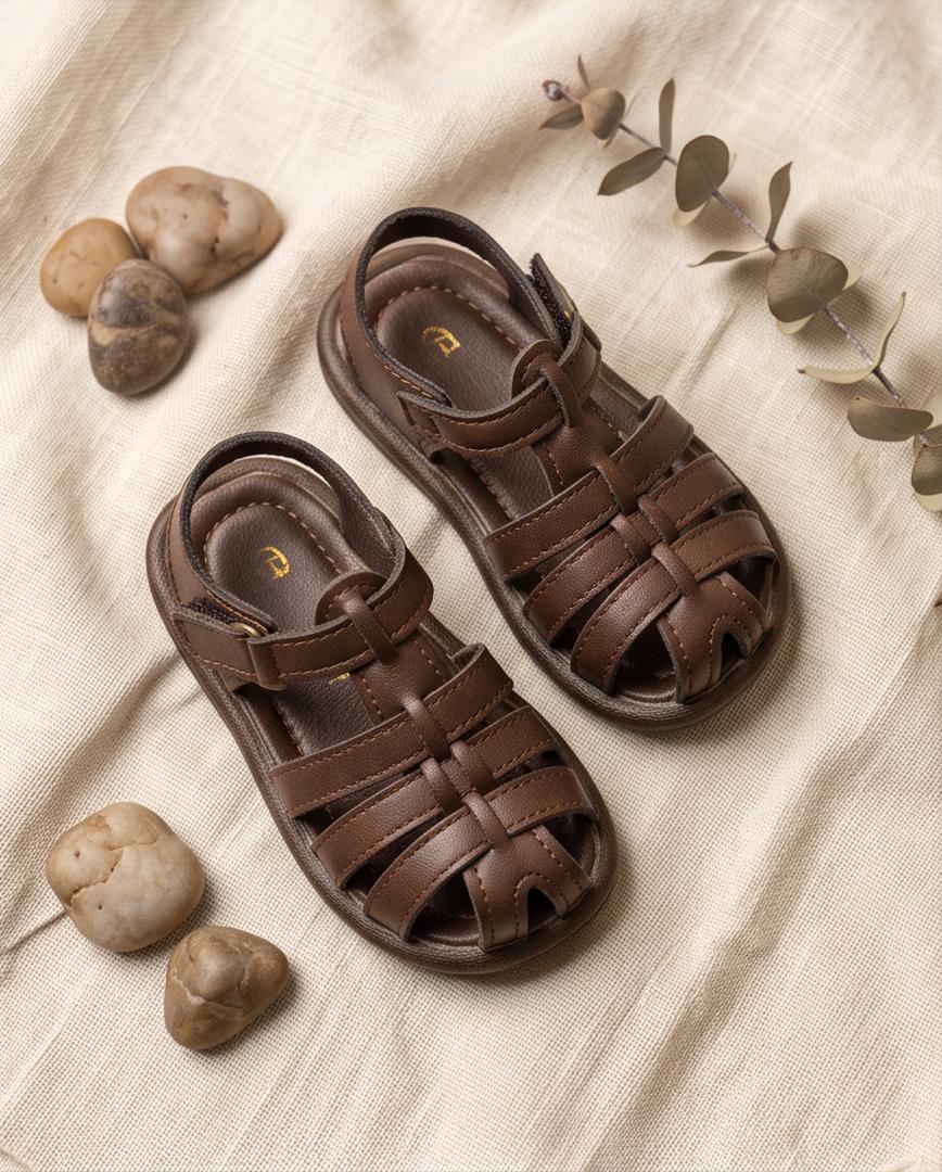 Kids Brown Woven Leather Sandals
