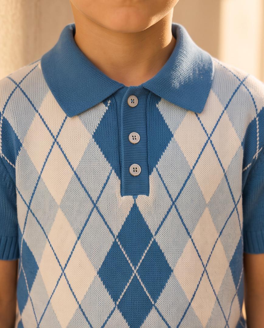 Boys Blue Argyle Polo Shirt & Shorts Set