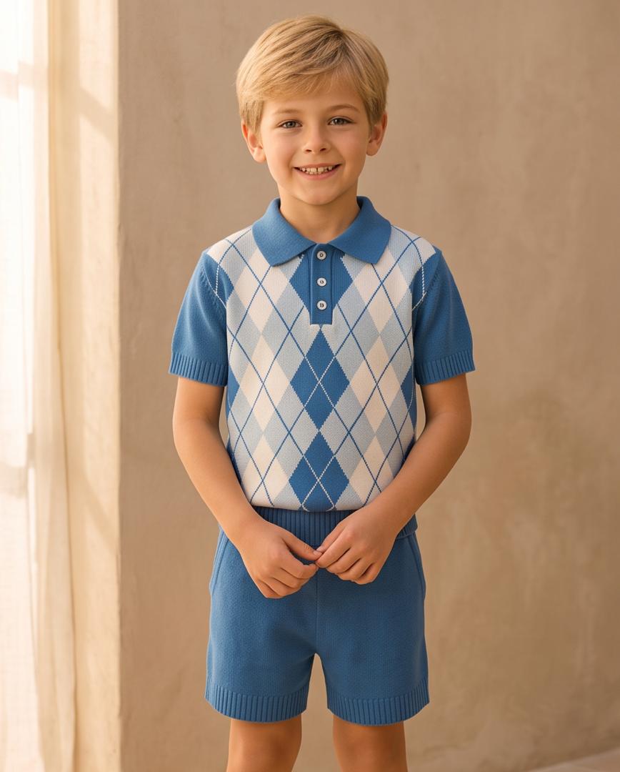 Boys Blue Argyle Polo Shirt & Shorts Set