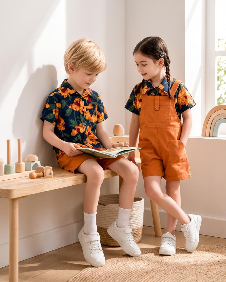 Boys Floral Shirt & Dungaree Shorts Set