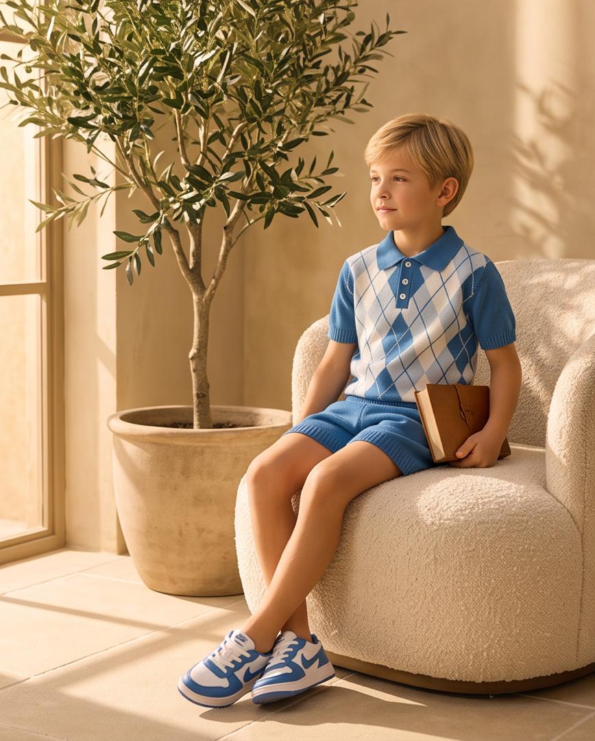 Boys Blue Argyle Polo Shirt & Shorts Set