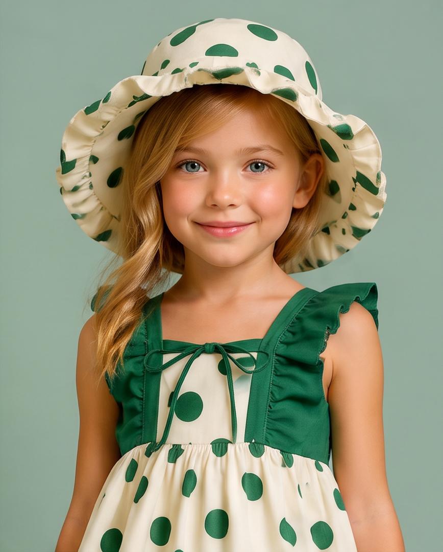 Girls Green Polka Dot Dress with Matching Hat