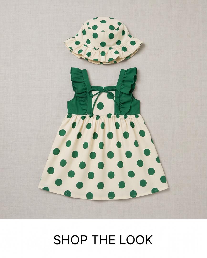 Girls Green Polka Dot Dress with Matching Hat