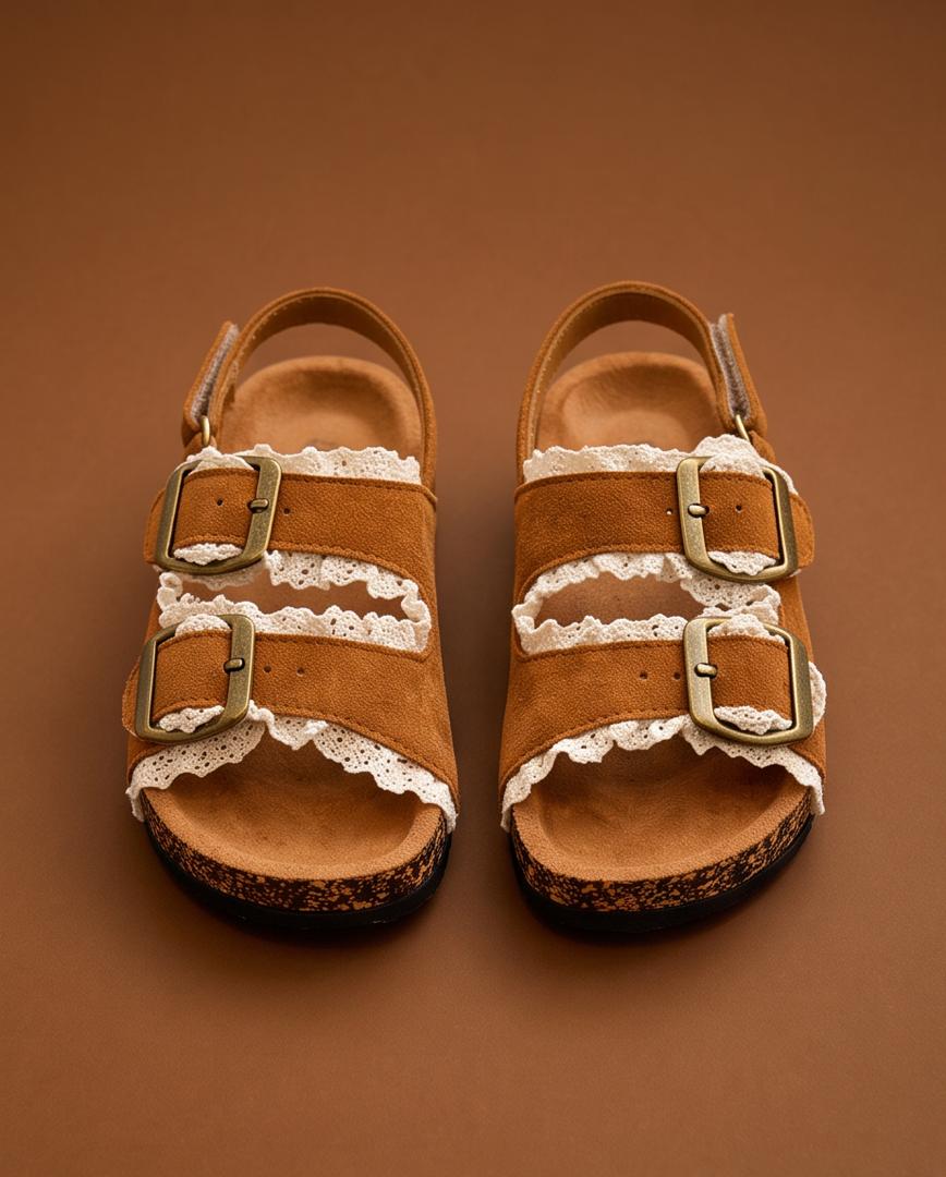Kids Tan Suede Lace Trim Double Buckle Sandals
