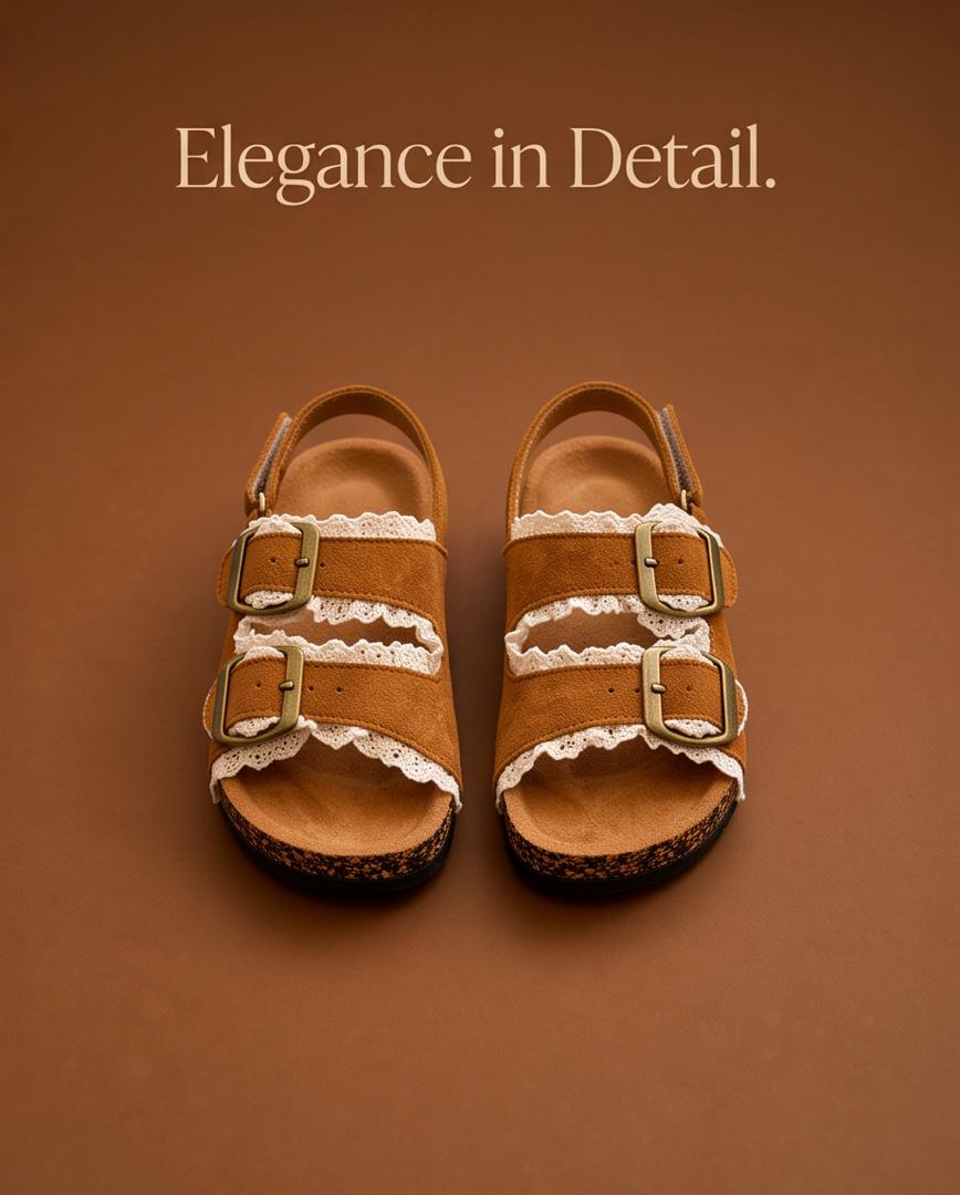 Kids Tan Suede Lace Trim Double Buckle Sandals