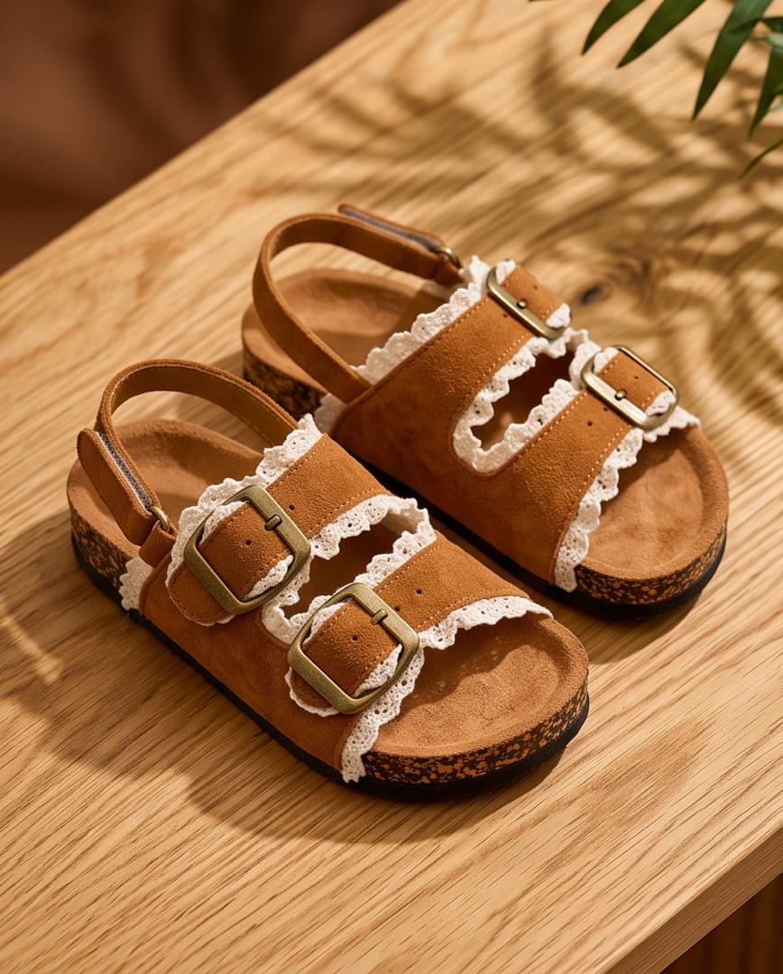 Kids Tan Suede Lace Trim Double Buckle Sandals