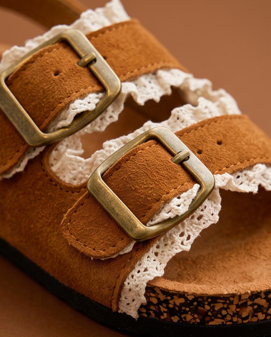 Kids Tan Suede Lace Trim Double Buckle Sandals