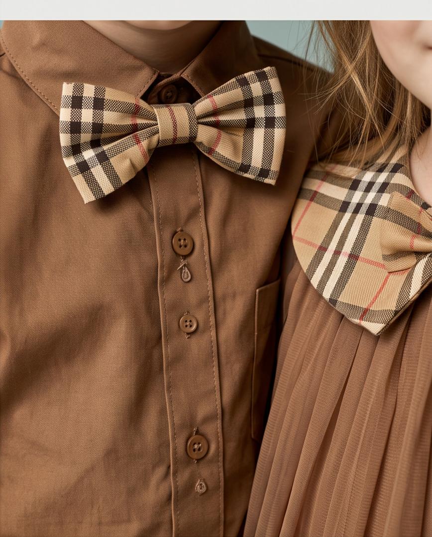 Boys Brown Shirt & Plaid Shorts Set with Bow Tie