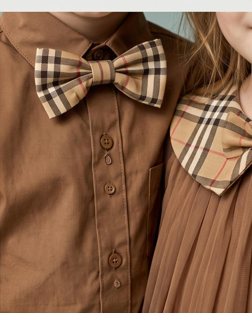 Boys Brown Shirt & Plaid Shorts Set with Bow Tie