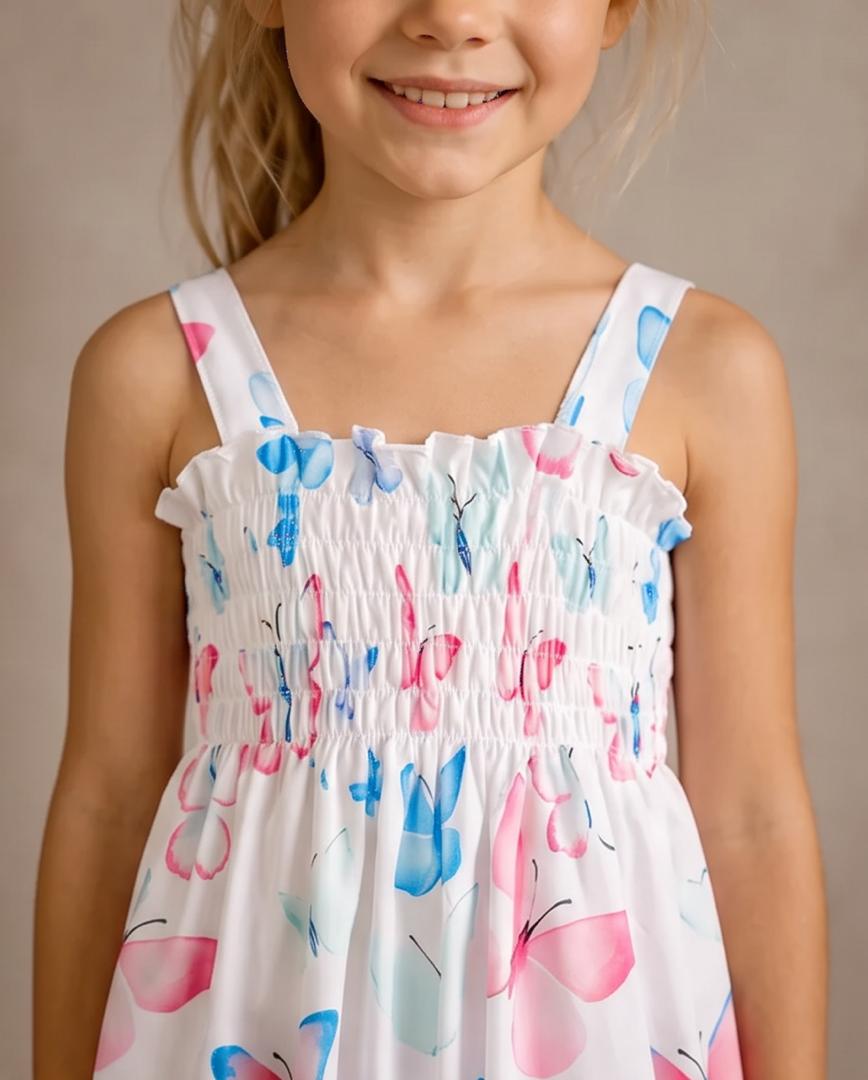 Girls Butterfly Print Smocked Dress with Matching Hat