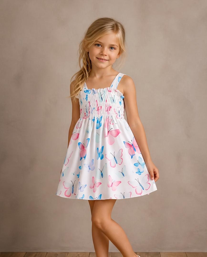 Girls Butterfly Print Smocked Dress with Matching Hat