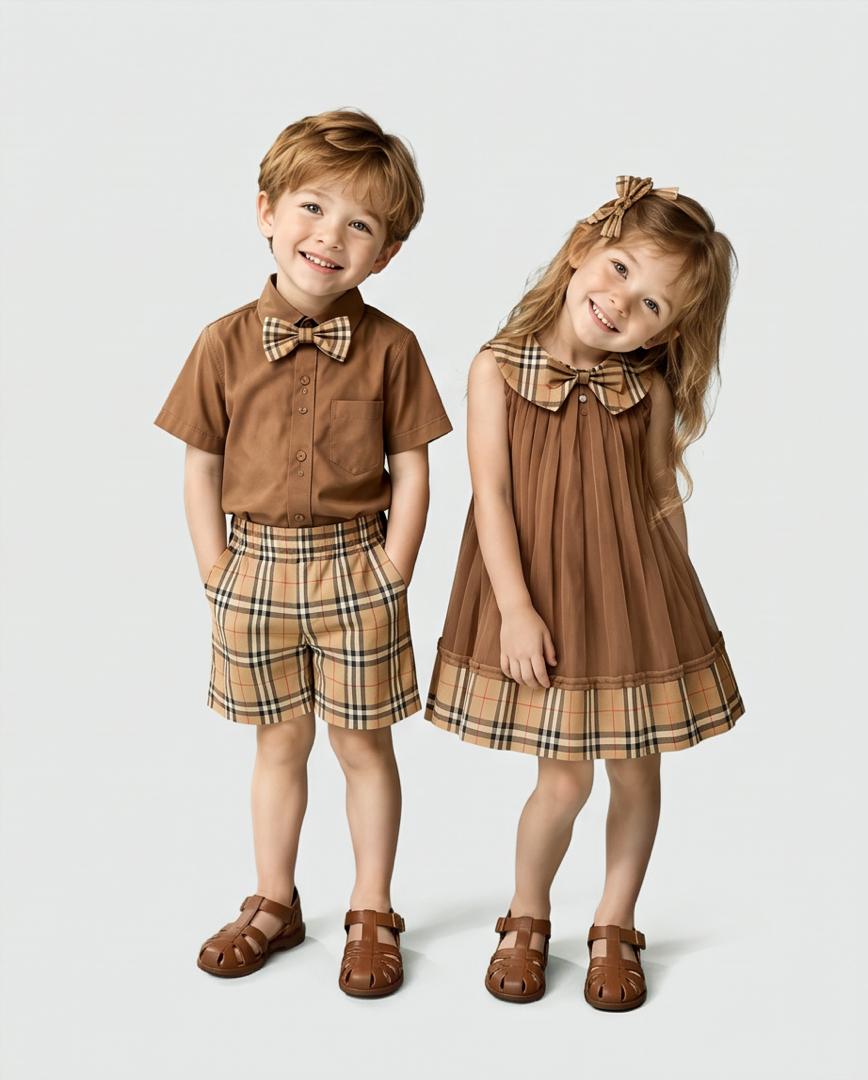 Boys Brown Shirt & Plaid Shorts Set with Bow Tie