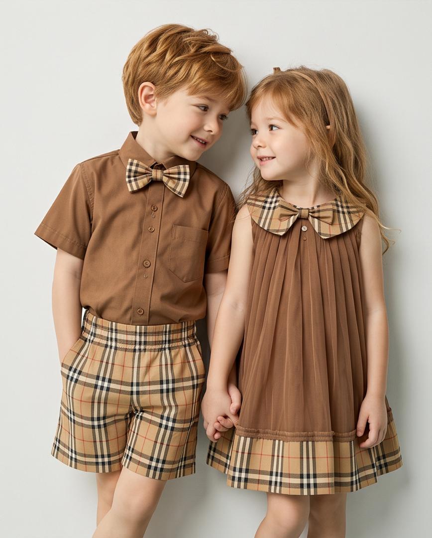 Boys Brown Shirt & Plaid Shorts Set with Bow Tie