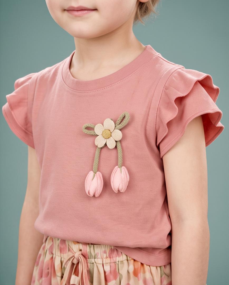 Girls Pink Ruffle Top & Floral Skirt Set