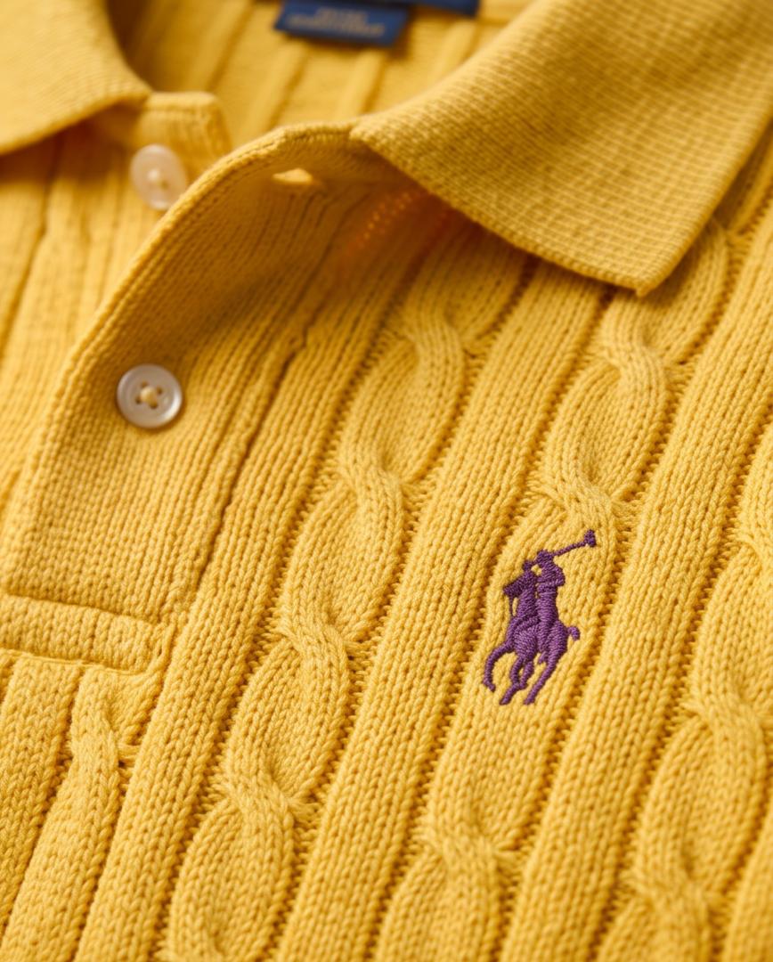 Boys Yellow Cable Knit Polo & White Trousers Set