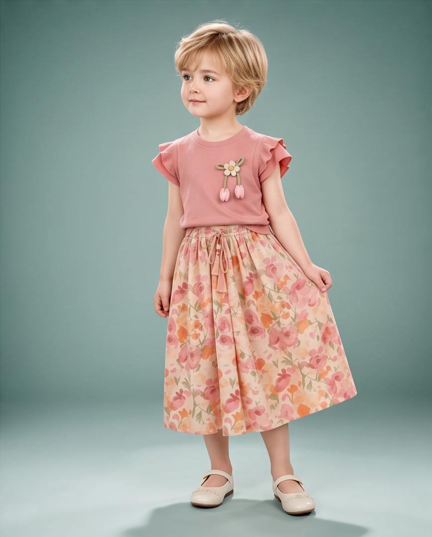 Girls Pink Ruffle Top & Floral Skirt Set