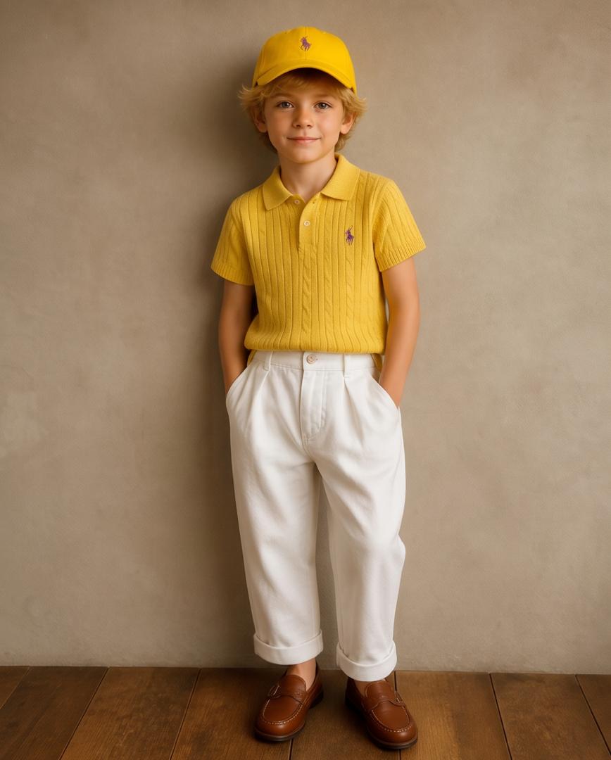 Boys Yellow Cable Knit Polo & White Trousers Set