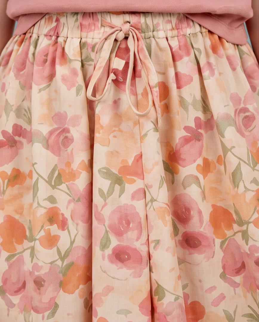 Girls Pink Ruffle Top & Floral Skirt Set