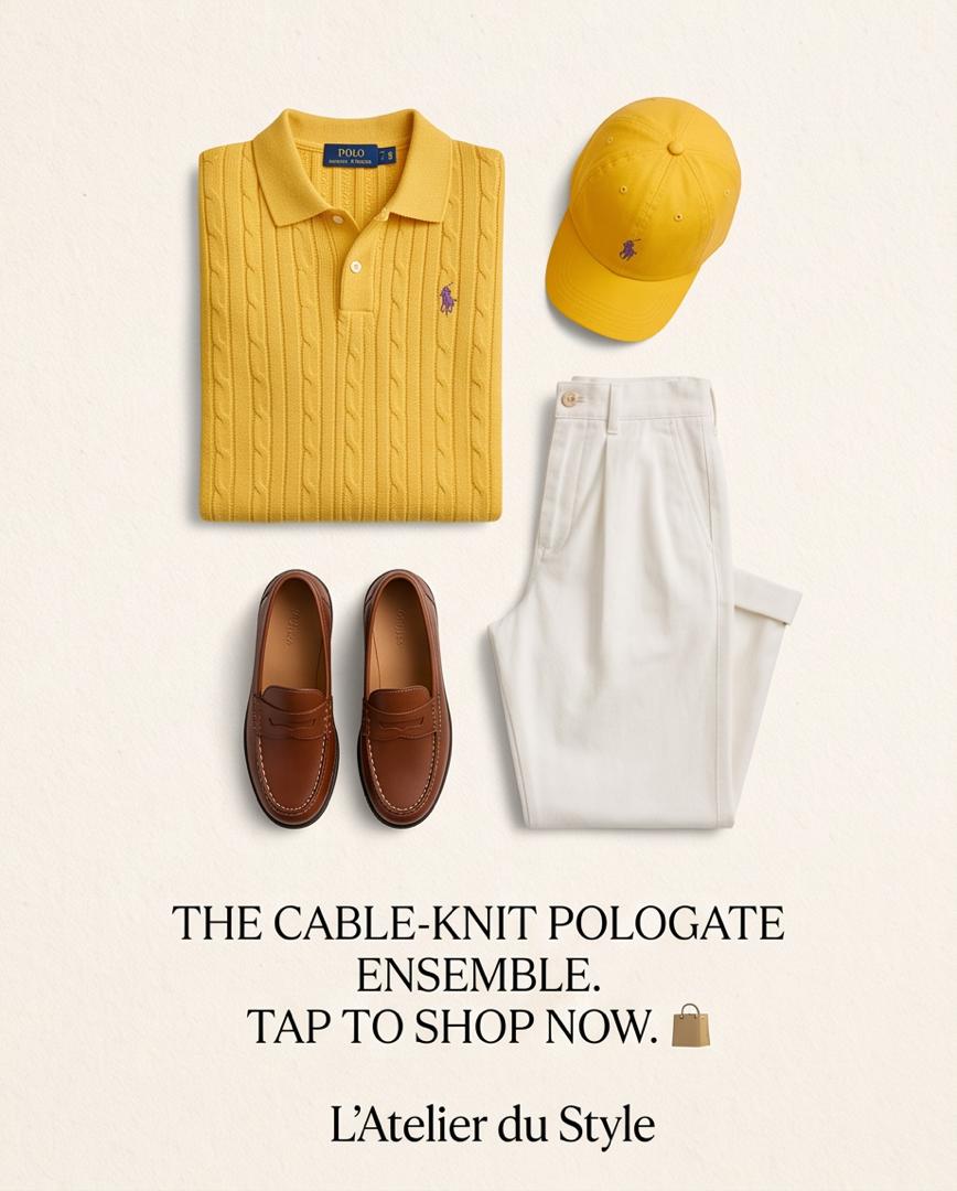 Boys Yellow Cable Knit Polo & White Trousers Set