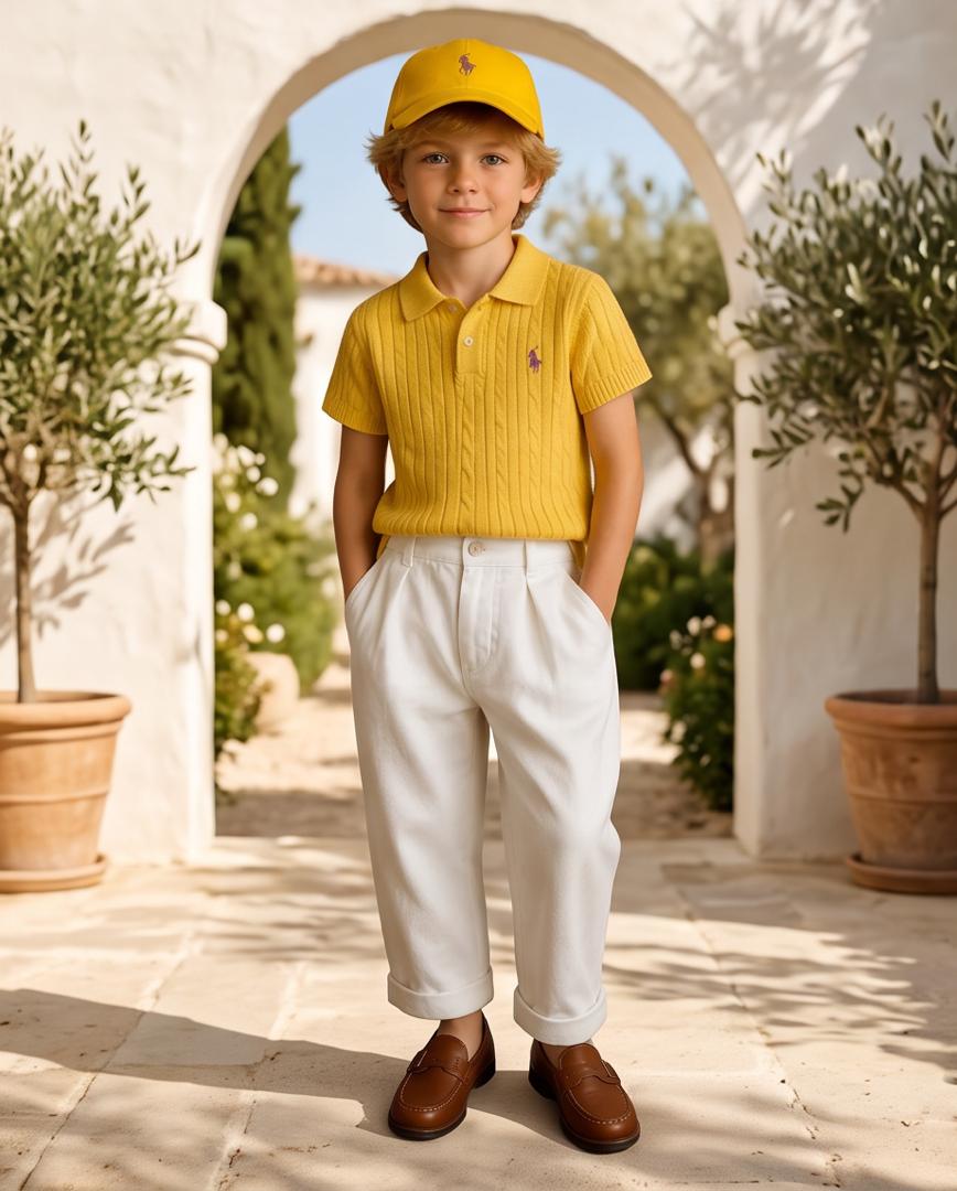 Boys Yellow Cable Knit Polo & White Trousers Set