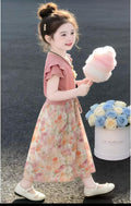 Girls Pink Ruffle Top & Floral Skirt Set